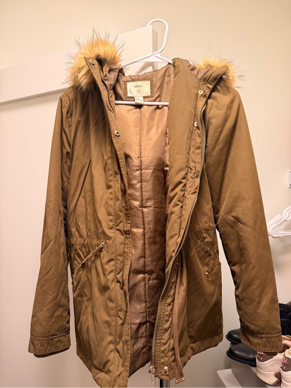 Forever 21 Women's Olive Tan Parka with Faux Fur Hood